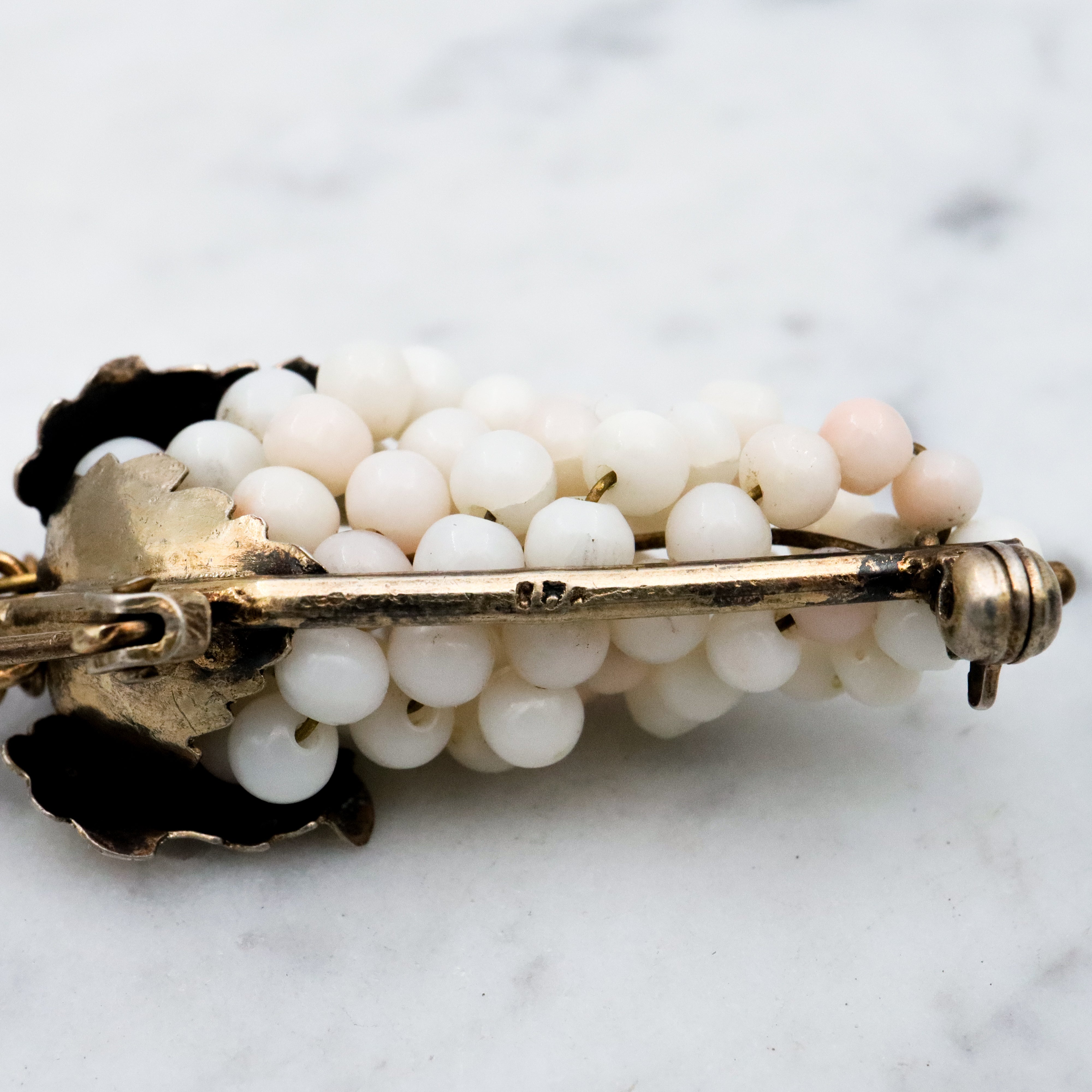 Antique .800 silver white angel skin coral bead grape bunch brooch